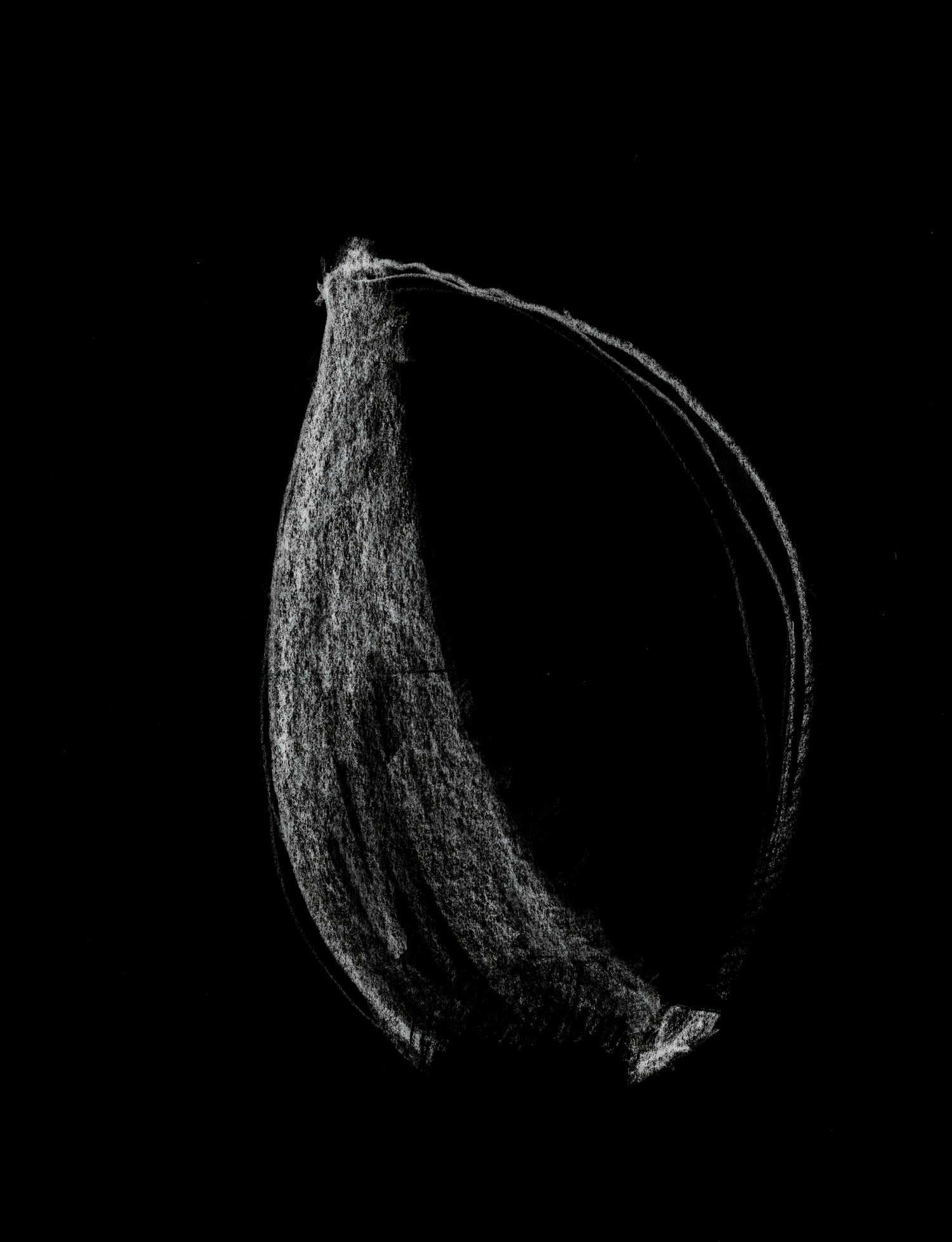 "An abstract black and white image featuring a singular, elongated white brushstroke on a pitch-black background, evoking a sense of motion and introspection through its minimalist design."
