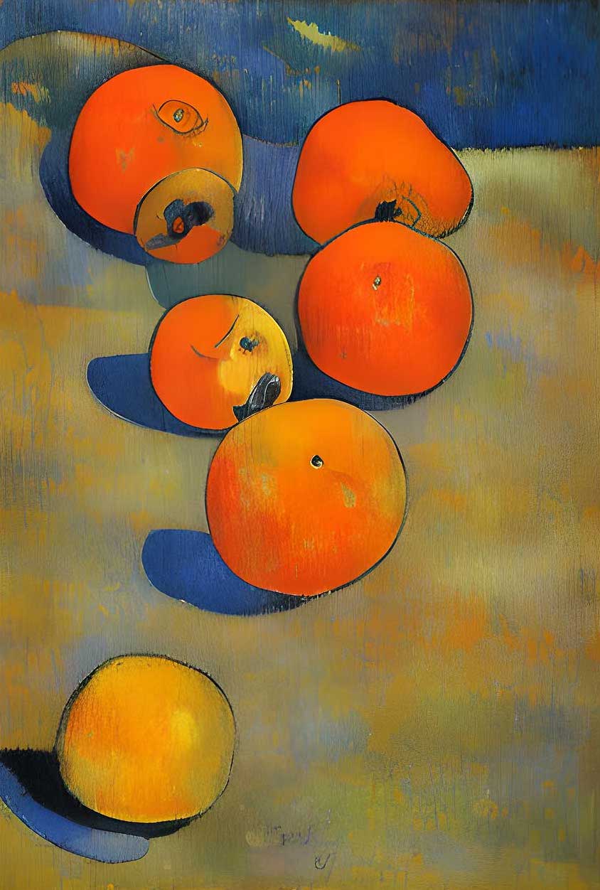 Artistic depiction of a still life featuring a cluster of seven vibrant oranges contrasted against an abstract background of deep blues and muted yellows, highlighting the beauty of everyday fruit through a modern, stylized lens."