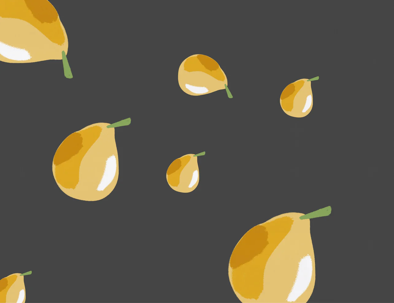 "Abstract image featuring multiple stylized pears with yellow and orange gradients, scattered against a dark gray background, conveying simplicity and tranquility through its minimalist design."
