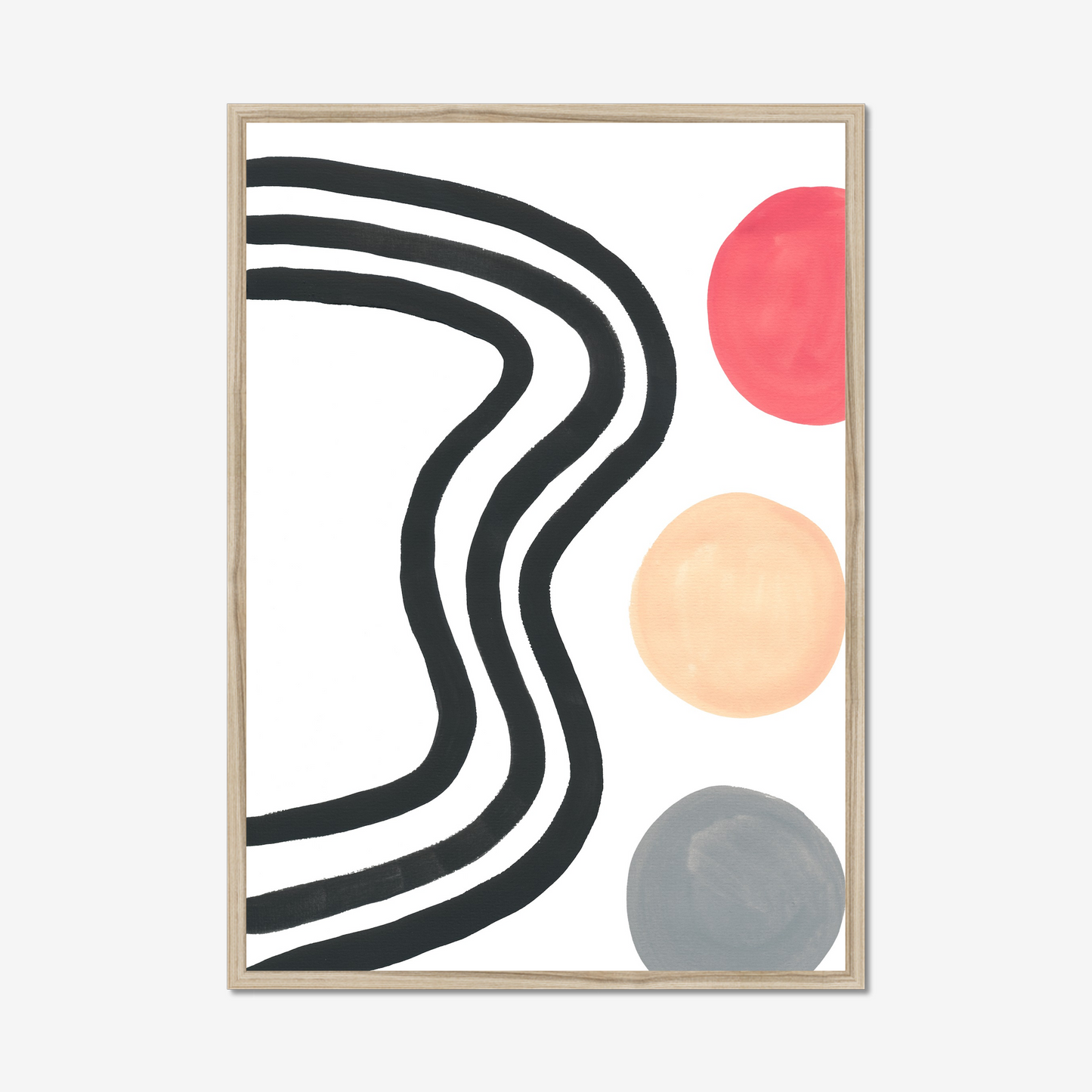 "Abstract art print titled 'Waves and Circles' featuring three bold black wavy lines and three colorful circles in shades of red, peach, and gray on a white background."