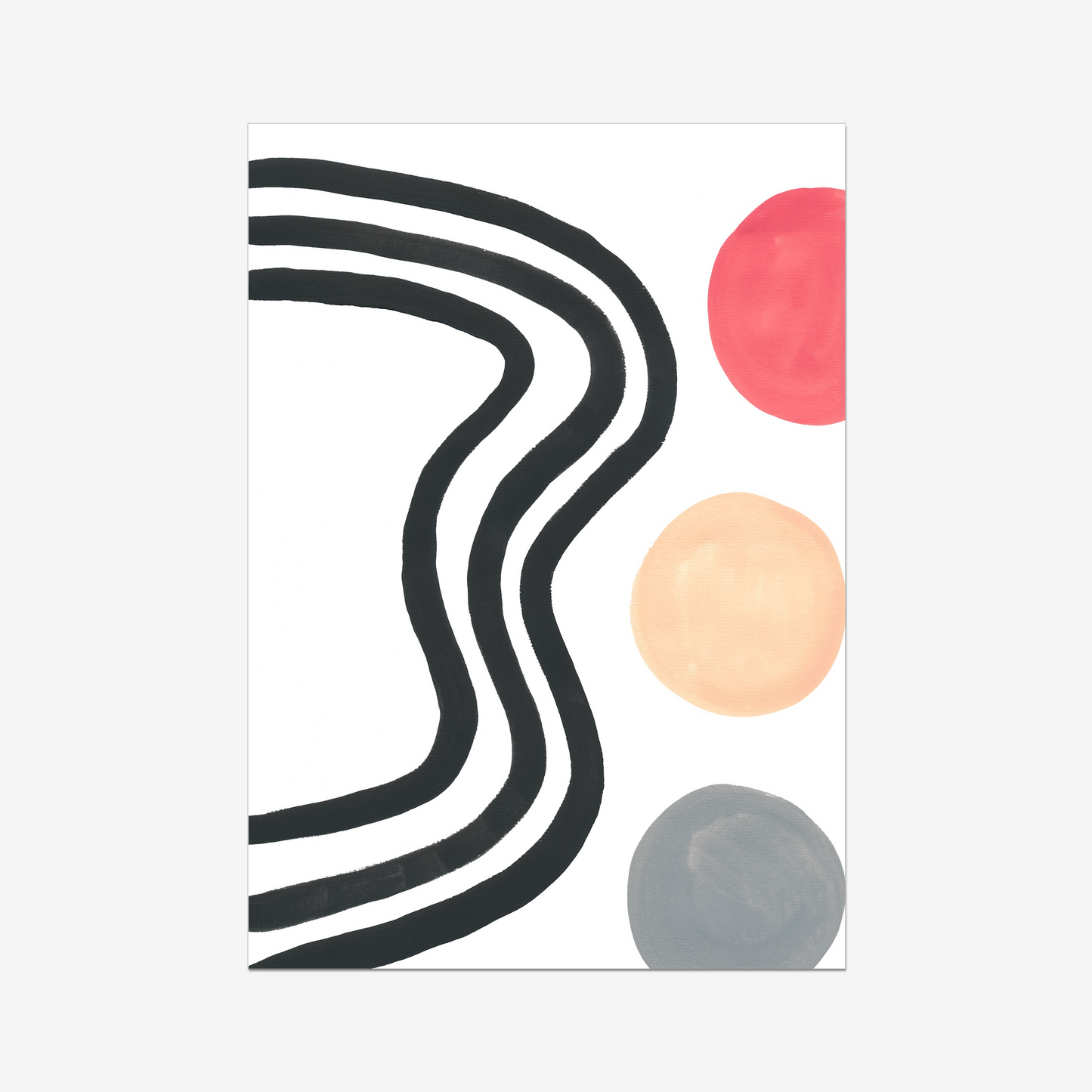 "Abstract art print titled 'Waves and Circles' featuring three bold black wavy lines and three colorful circles in shades of red, peach, and gray on a white background."
