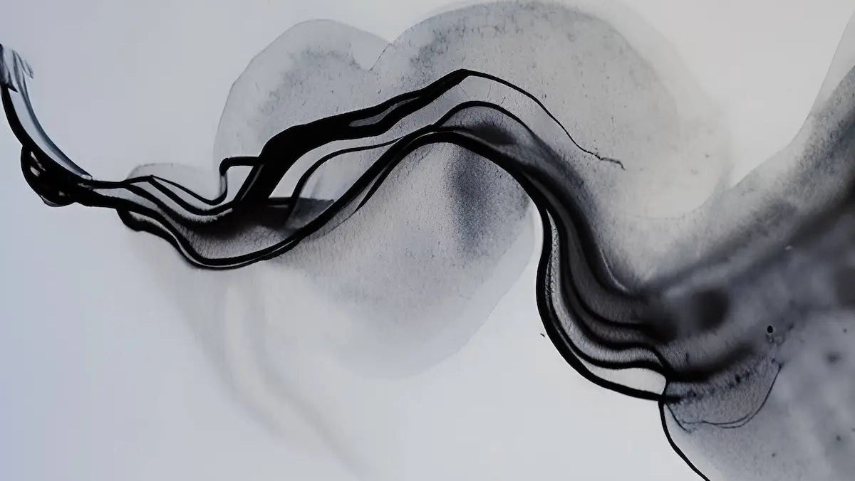 Abstract artwork depicting wispy, smoke-like black forms intertwining against a white background, creating an elegant dance of curves and lines with varying opacities, evoking a sense of calm and introspection."
