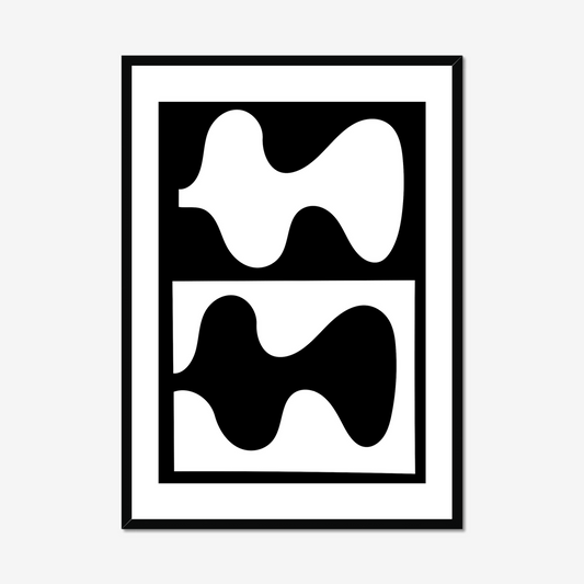 "Abstract black and white wall art print featuring a minimalist design with flowing organic shapes. The artwork is divided horizontally, showcasing a white amoeba-like form against a black background in the upper section and a black shape against a white backdrop in the lower section, highlighting a harmonious contrast."
