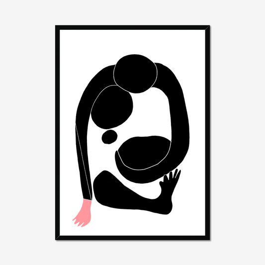 "Abstract Minimalist Human Figure Art Print featuring bold black shapes on a white background."


