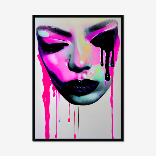 "Abstract Pink Face Art Print featuring a blurred face with vibrant neon pink paint drips on matte art paper, adding contemporary flair to any space."

