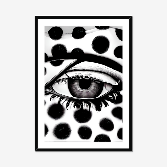 "Black and white art print featuring a close-up of a human eye, showcasing intricate details and emotional depth, printed on matte fine art paper."


