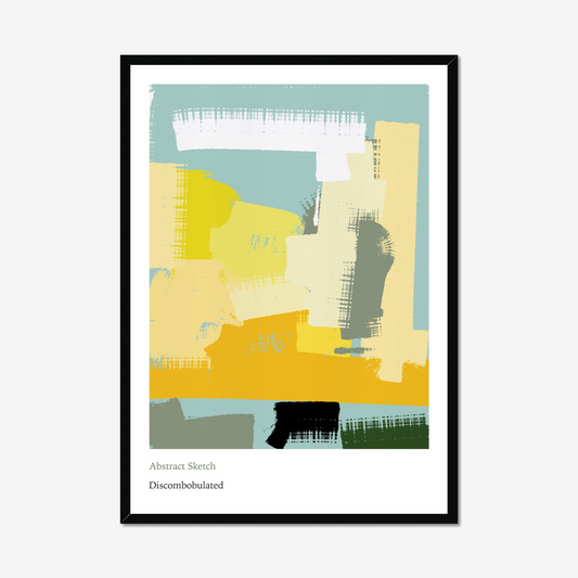 A vibrant abstract art print titled "Discombobulated" featuring a dynamic blend of colors and imaginative design.