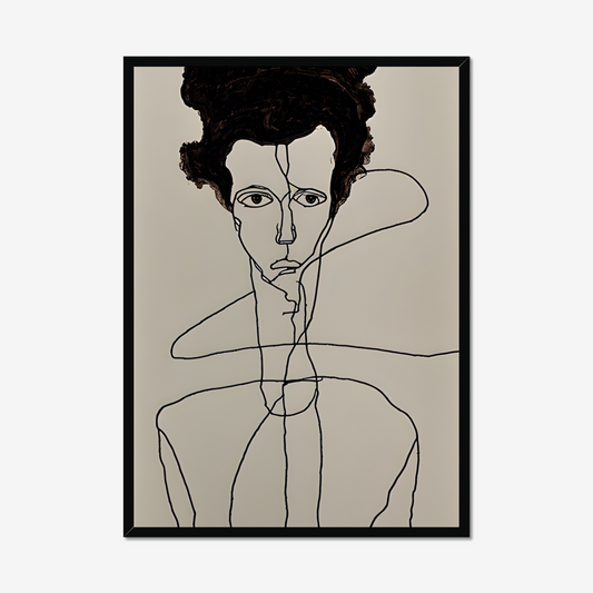 "Egon Schiele-Inspired AI Art Print featuring minimalist lines and detailed hair, showcasing modern elegance."


