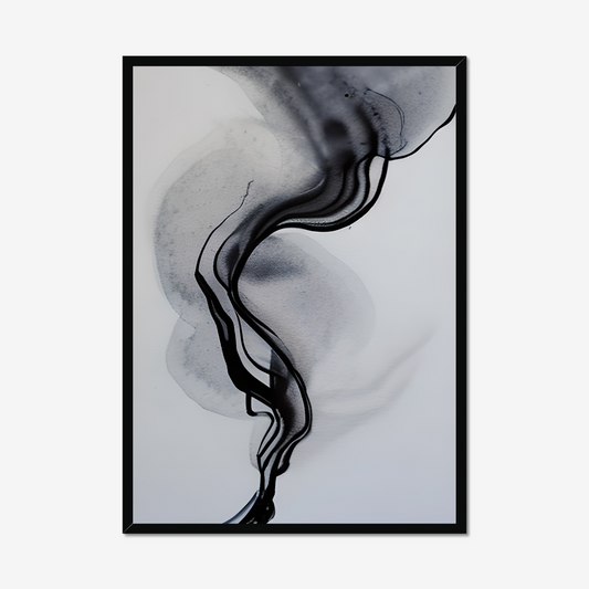 An abstract artwork titled "Ethereal Flow," featuring swirling, smoke-like forms in shades of black and gray against a soft white background. The piece embodies the harmony of human creativity and AI, creating a sense of motion and tranquility.