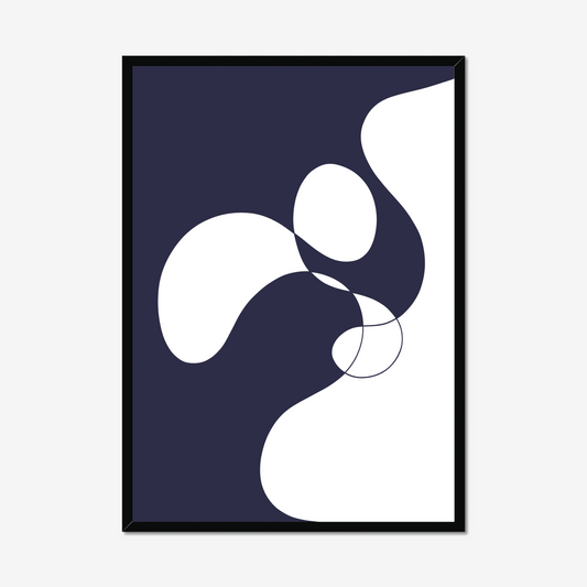 Abstract navy and white minimalist wall art print with fluid organic shapes, designed by Dan Weichmann, modern graphic décor for contemporary spaces.