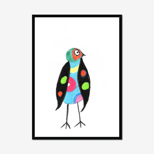 "Lost Bird Abstract Art Print featuring colorful geometric shapes in blue, red, yellow, and black, creating a vibrant and dynamic composition."

