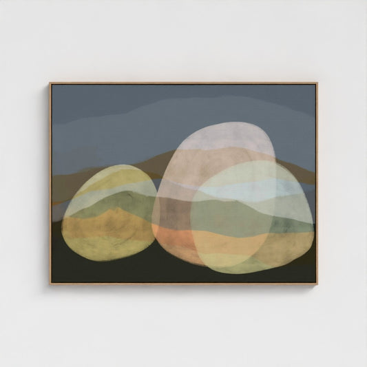 Abstract canvas artwork featuring overlapping geometric shapes in soft earthy tones, framed in natural wood.