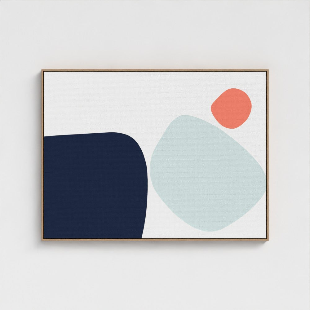 Minimalist abstract canvas print with navy blue, mint blue, and reddish-orange shapes.