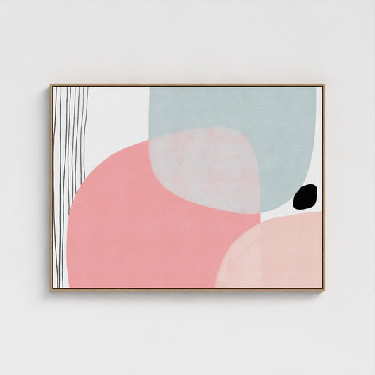 Minimalist abstract framed canvas print featuring pastel geometric shapes with a natural wood frame