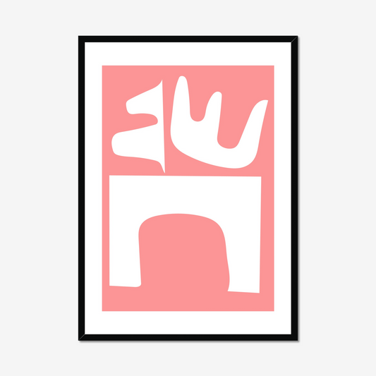 Modern abstract art print highlighting geometric and organic white forms on a monochromatic pink background for serene home decor.