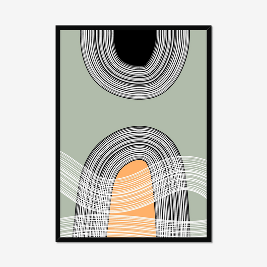 "Abstract art print featuring two large arch-like shapes in black and white with a warm orange center, set against a soothing sage green background, symbolizing balance and modern design."