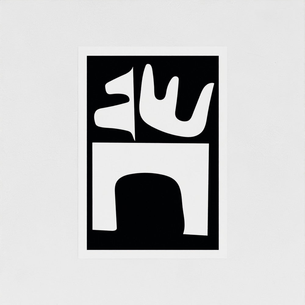 "Modern Geometric Harmony - Black and White Abstract Art Print by Daniel Weichman, created from cut paper, featuring bold geometric shapes against a black background."
