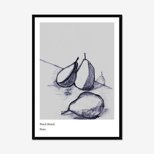 Minimalist still life art print of pears in sketch style, black and white kitchen wall decor for modern interiors.