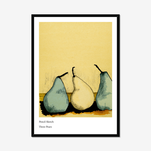 "Detailed pencil art print featuring three pears."