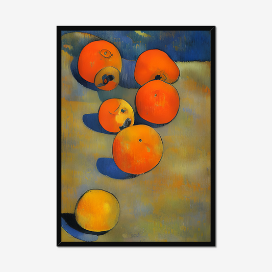 "Vibrant still life art print featuring a collection of five radiant oranges and a lemon, set against an abstract background of blended blues, yellows, and greens."