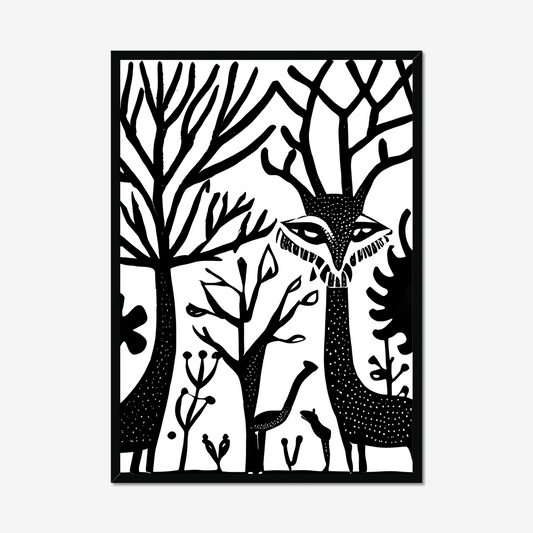 Whimsical and wild, this black and white forest animal art print is perfect for kids rooms, nursery walls, or gifts for little explorers. Printed on premium paper.

