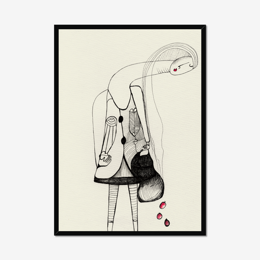 "Abstract Minimalist Wall Art Print titled 'Surreal Elegance', featuring a stylized elongated figure in bold black and white with hints of red, printed on matte paper."