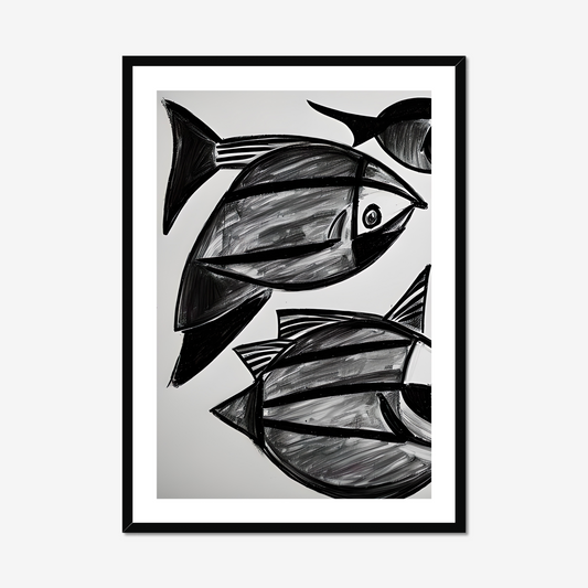 “Tide Parade mid-century coastal fish art print – black and white abstract wall decor inspired by ocean life.”