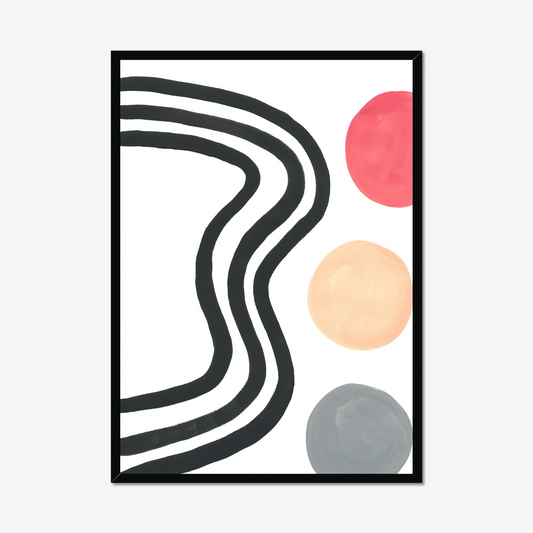 "Abstract art print titled 'Waves and Circles' featuring three bold black wavy lines and three colorful circles in shades of red, peach, and gray on a white background."